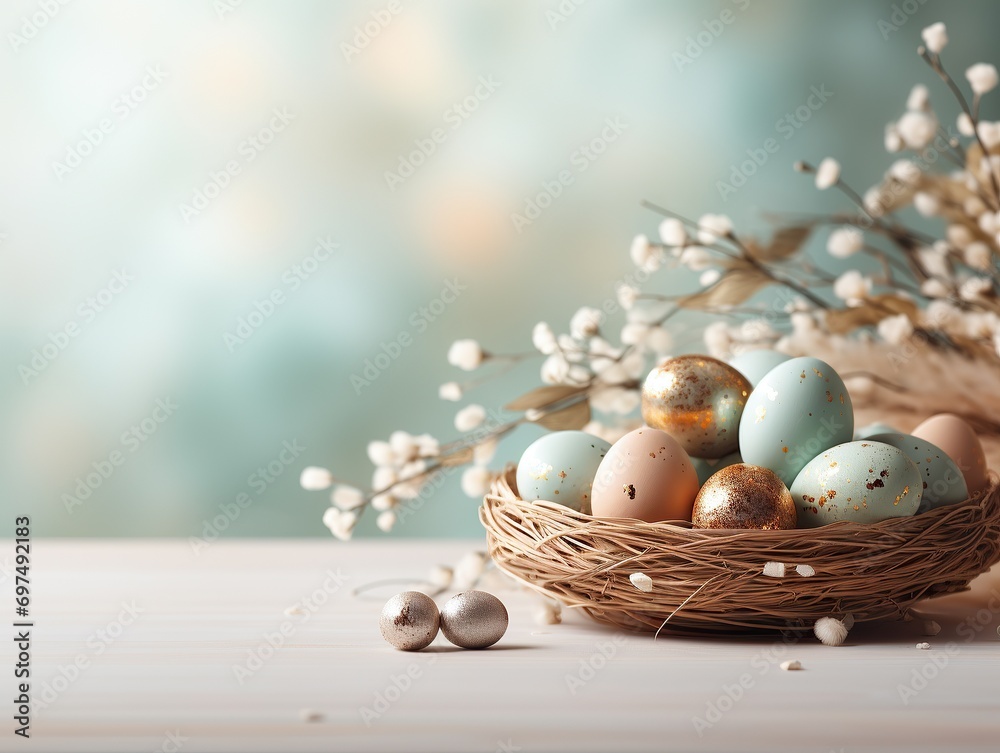 Beautiful easter table composition. Unpainted eggs with white decorative gypsophila wildflowers in wicker basket on stucco plaster textured background. Greeting card template. Copy space, close up.