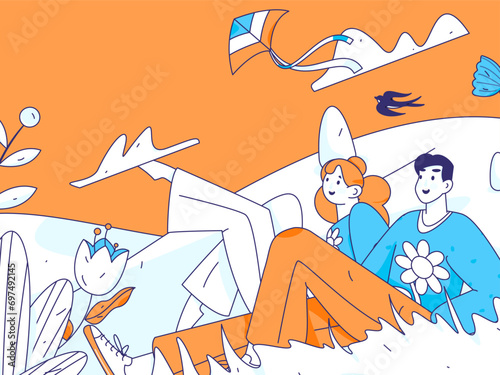 24 solar terms: Beginning of spring, rain, awakening of insects, spring breeze, Qingming Festival, Grain Rain, flat character vector concept operation hand-drawn illustration
