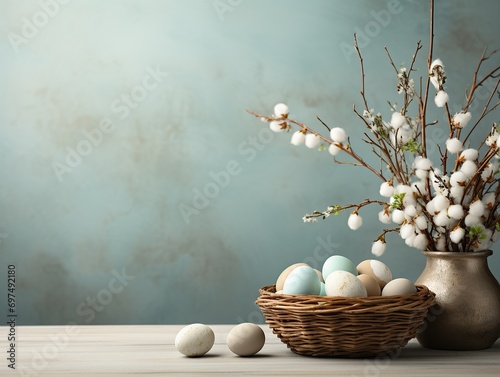 Beautiful easter table composition. Unpainted eggs with white decorative gypsophila wildflowers in wicker basket on stucco plaster textured background. Greeting card template. Copy space, close up. photo