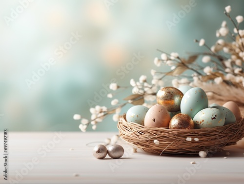 Beautiful easter table composition. Unpainted eggs with white decorative gypsophila wildflowers in wicker basket on stucco plaster textured background. Greeting card template. Copy space, close up. photo