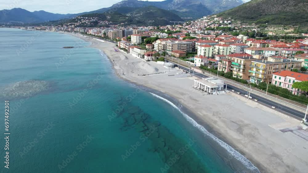 Aerial flyover above the beautiful village of Finale Ligure in northern Italy on the Mediterranean Sea Aerial flyover above the beautiful village of Finale Ligure in northern Italy on the Mediterranean Sea