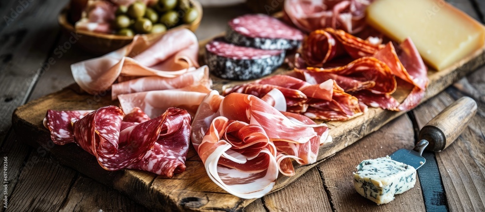 Italian deli meats like prosciutto and capicola on a charcuterie board.