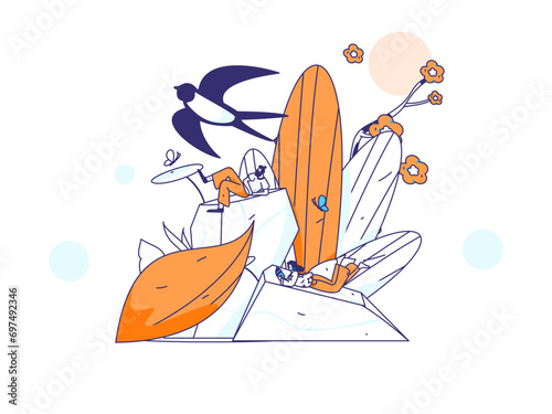 24 solar terms: Beginning of spring, rain, awakening of insects, spring breeze, Qingming Festival, Grain Rain, flat character vector concept operation hand-drawn illustration
