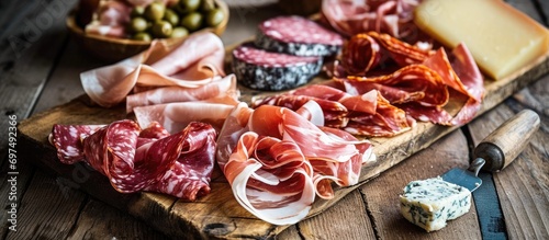 Italian deli meats like prosciutto and capicola on a charcuterie board. photo