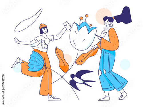 24 solar terms: Beginning of spring, rain, awakening of insects, spring breeze, Qingming Festival, Grain Rain, flat character vector concept operation hand-drawn illustration
