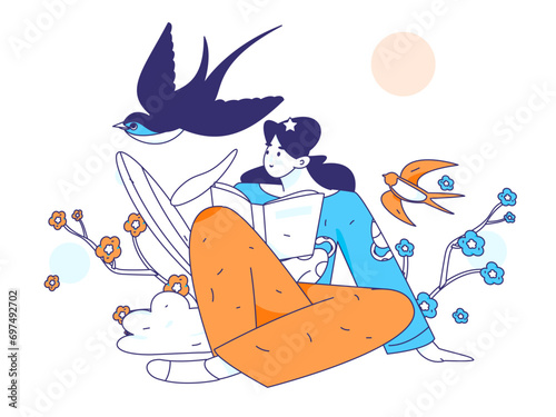 24 solar terms: Beginning of spring, rain, awakening of insects, spring breeze, Qingming Festival, Grain Rain, flat character vector concept operation hand-drawn illustration
