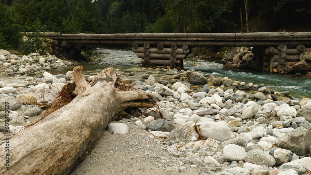 Obraz premium A long wooden log bridge over a clear mountain river. In the foreground a large log on the stone-sand bank of the river. A road to a village in the middle of nowhere.