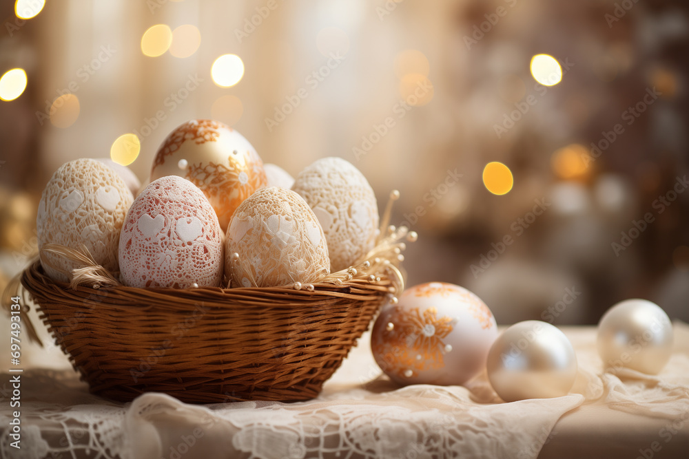 multi-colored Easter eggs in a wicker basket on a table with a willow sprig, Easter mood multi-colored Easter eggs in a wicker basket on a table with a willow sprig, Easter mood