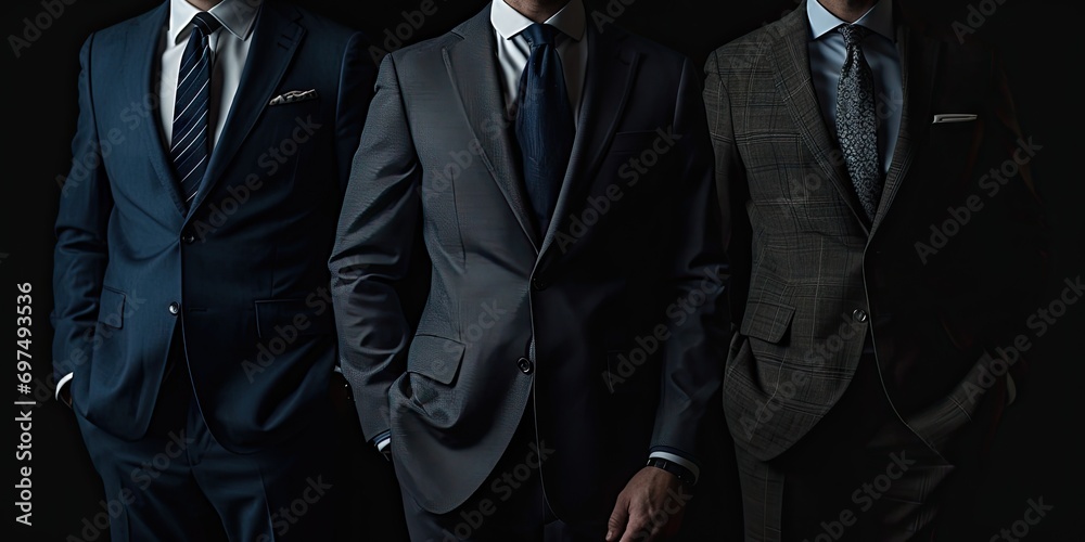 Fashionable businessman exuding style and sophistication. Dressed in well fitted suit individual radiates confidence and professionalism. Attention to detail perfectly tied necktie - obrazy, fototapety, plakaty 