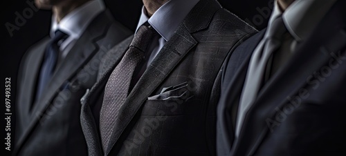 Fashionable businessman exuding style and sophistication. Dressed in well fitted suit individual radiates confidence and professionalism. Attention to detail perfectly tied necktie photo