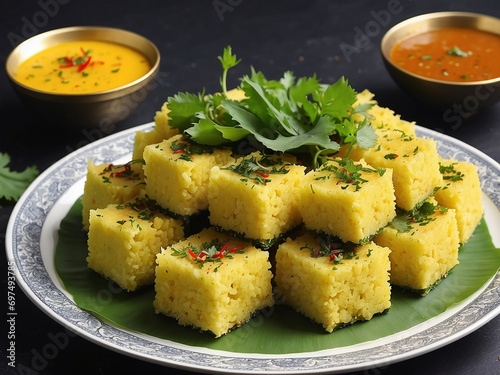 Indian dish dhokla with sauce photo