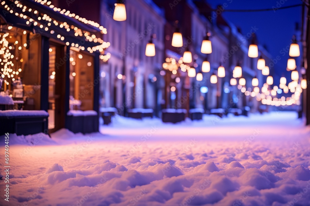 Snow on night empty urban street and lights garland