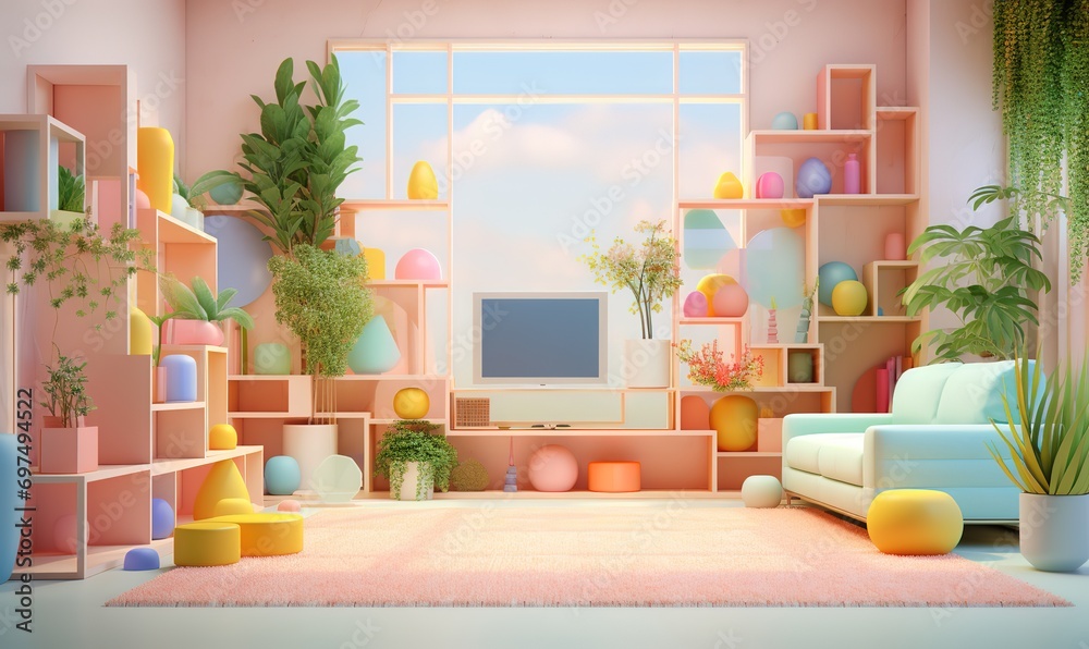 Fototapeta premium A colorful home interior design with a sofa in the middle. Generative AI