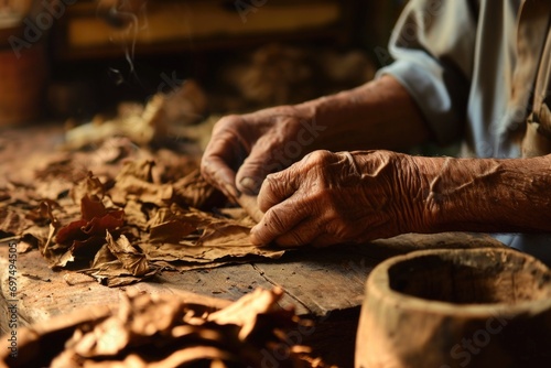 Closeup of hands making cigar from tobacco leaves photo