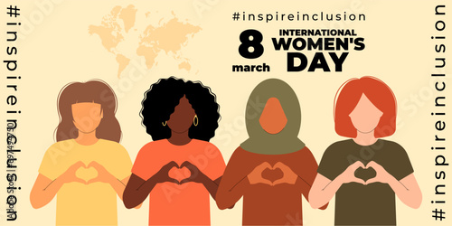 International Women s Day banner. 8 march. Campaign 2024 inspireinclusion. Diverse race group of women hands gesture as heart shape to stop gender discrimination. Flat vector illustration