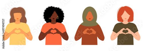 International Women s Day banner. 8 march. Campaign 2024 inspireinclusion. Diverse race group of women hands gesture as heart shape to stop gender discrimination. Flat vector illustration