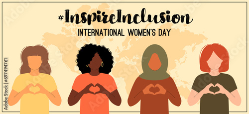 International Women s Day banner. 8 march. Campaign 2024 inspireinclusion. Diverse race group of women hands gesture as heart shape to stop gender discrimination. Flat vector illustration photo