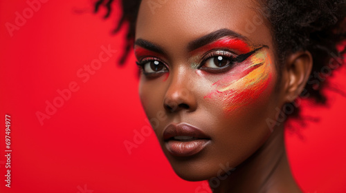 Studio portrait of an African American model with a touch of face paint highlighting skin care and cosmetics. She is standing in front of a bright red background.