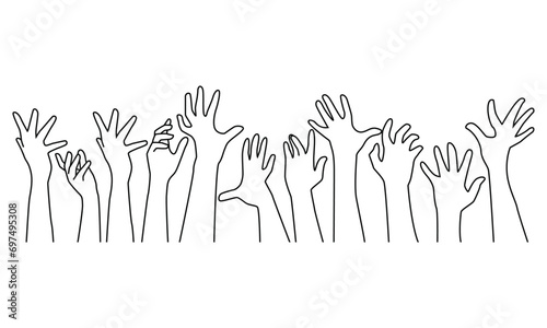 Hands raise up line art vector.