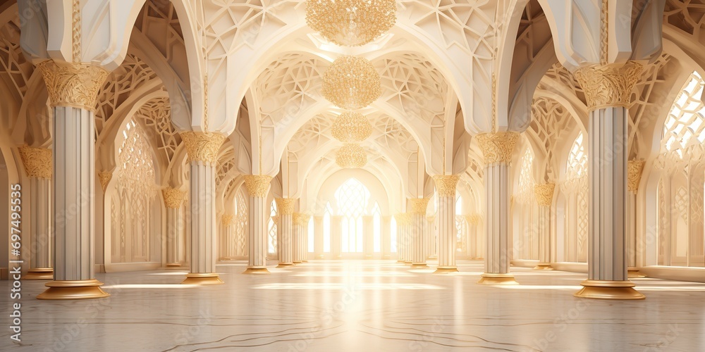 The interior design of the mosque is magnificent in gold and cream colors. Generative AI