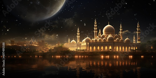 Illustration of a magnificent and large mosque photographed at night