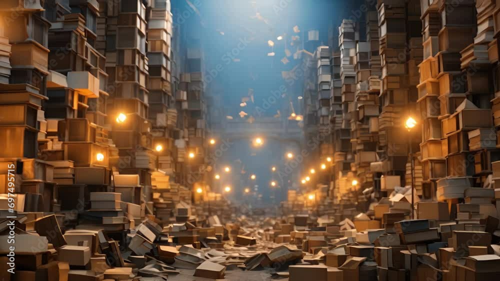 A seemingly endless sea of metal shelves that reach into the sky each one piled high with neatly packed cardboard boxes and packages. A seemingly endless sea of metal shelves that reach into the sky each one piled high with neatly packed cardboard boxes and packages.
