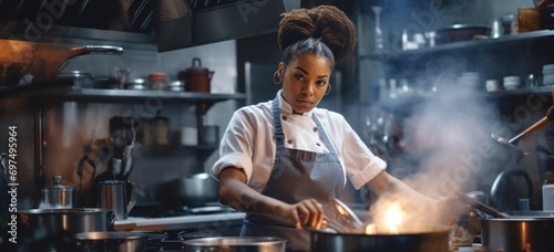 Focused female chef preparing gourmet meal in professional kitchen. Culinary arts and occupation.