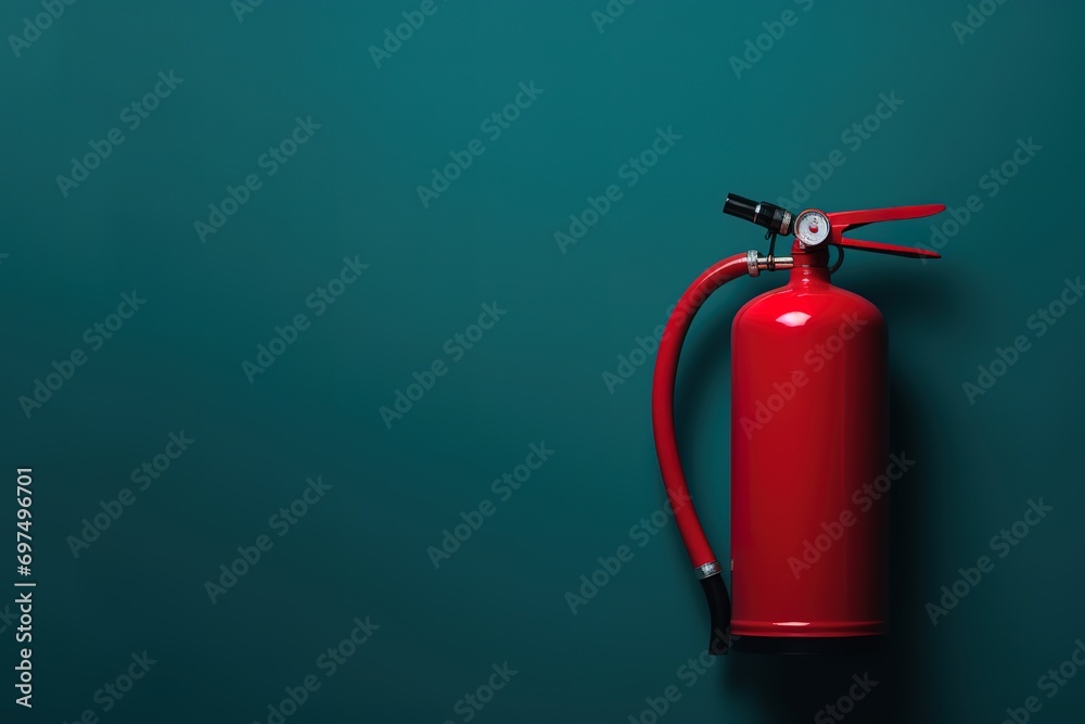 A red fire extinguisher is pictured in front of a green wall. Generative AI
