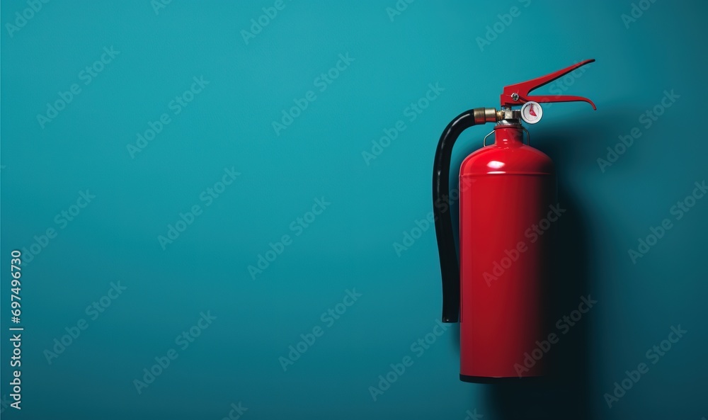 A red fire extinguisher is pictured in front of a green wall. Generative AI