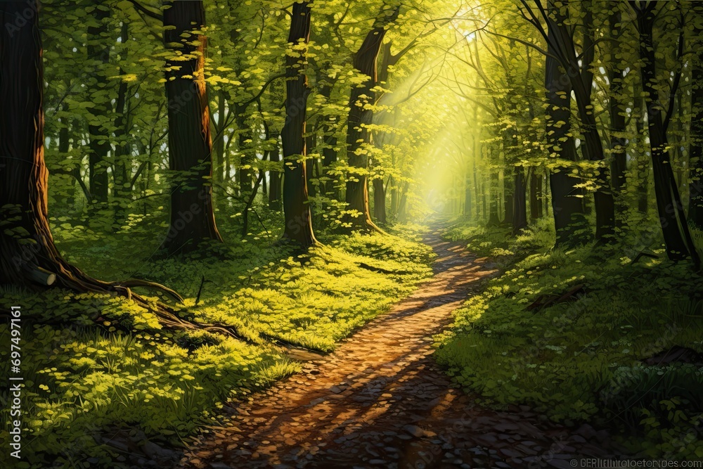 Fototapeta premium Sunlight in the green forest. 3D rendering. Nature background, AI Generated