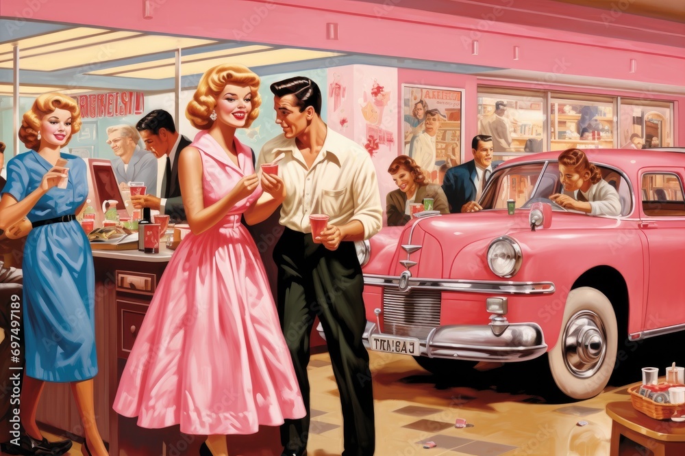 Retro car and people in a retro car showroom, retro car, 1950s diner scene with jukebox and dancing couples, AI Generated