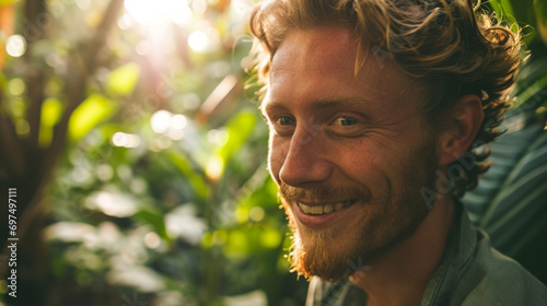 Cinematic closeup portrait of a young Nordic man, looking into camera with happy smiling face , in a jungle like garden filled with exotic plants in vibrant colours photo