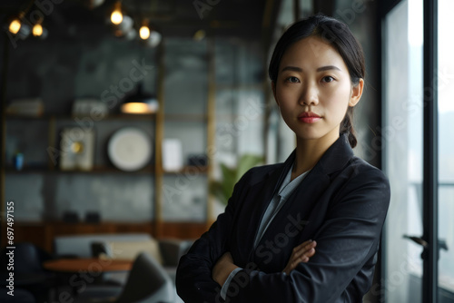 Photo of beautiful chinese business woman age 30 standing in office with confident face looking at the camera photo