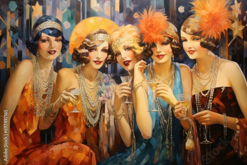 Beautiful women with champagne glasses in the interior of a restaurant, 1920s flapper women at a vibrant party, AI Generated