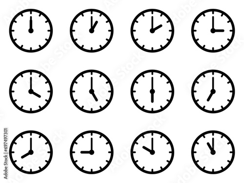 Set of clocks for every hour isolated on white background