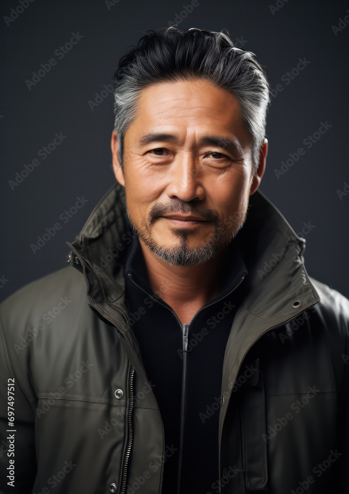 Bold Profile, Handsome Asian Man Captured in a Striking Black Background Portrait. Bold Profile, Handsome Asian Man Captured in a Striking Black Background Portrait.