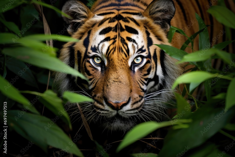 Close up of a tiger in the jungle, Borneo, Malaysia, A Bengal tiger stealthily stalking its prey in the dense jungle, AI Generated Close up of a tiger in the jungle, Borneo, Malaysia, A Bengal tiger stealthily stalking its prey in the dense jungle, AI Generated