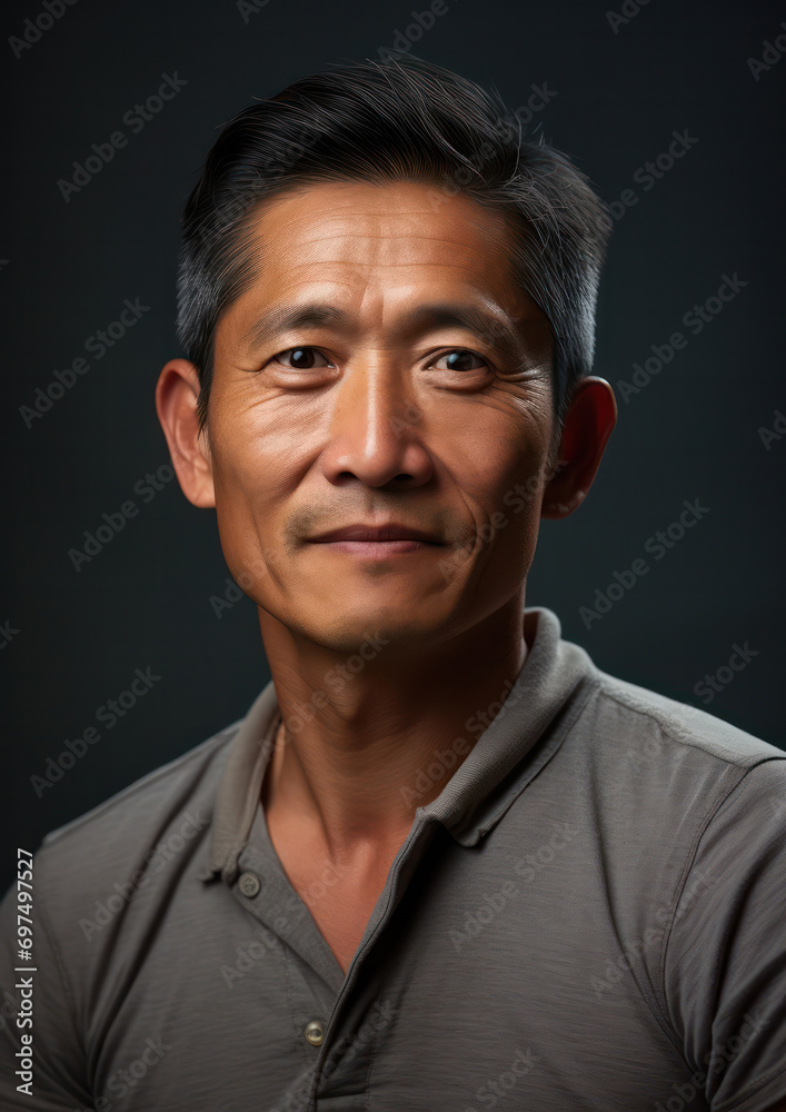 Obraz premium Bold Profile, Handsome Asian Man Captured in a Striking Black Background Portrait.