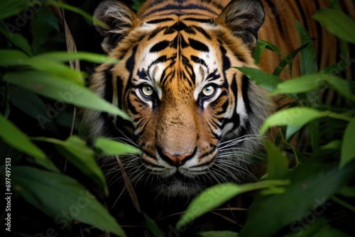 Close up of a tiger in the jungle, Borneo, Malaysia, A Bengal tiger stealthily stalking its prey in the dense jungle, AI Generated © Iftikhar alam