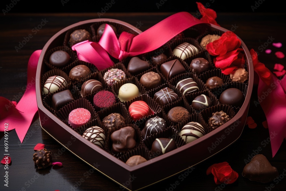 Box of assorted chocolates in a heart shaped box on a dark wooden background, A box of assorted Valentine's Day chocolates, AI Generated Box of assorted chocolates in a heart shaped box on a dark wooden background, A box of assorted Valentine's Day chocolates, AI Generated