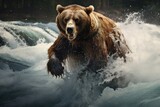 Big brown bear in the river. Wildlife scene from europe, A brown bear catching salmon in a rushing river, AI Generated