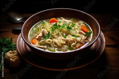 Chicken soup with pasta and vegetables on wooden table. Selective focus, A bowl of comforting chicken noodle soup, AI Generated