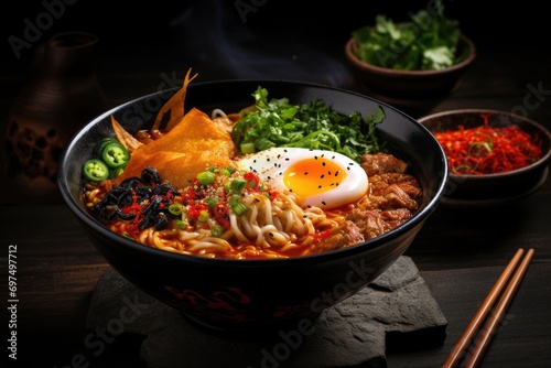 japanese ramen noodles with kimchi and egg on black background, A bowl of spicy ramen with chopsticks on the side, AI Generated