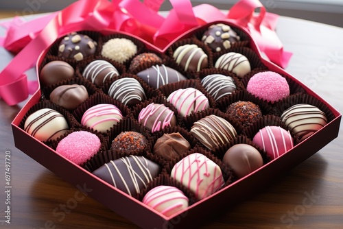 Box of assorted chocolates with pink ribbon on a wooden table, A box of assorted Valentine's Day chocolates, AI Generated © Iftikhar alam