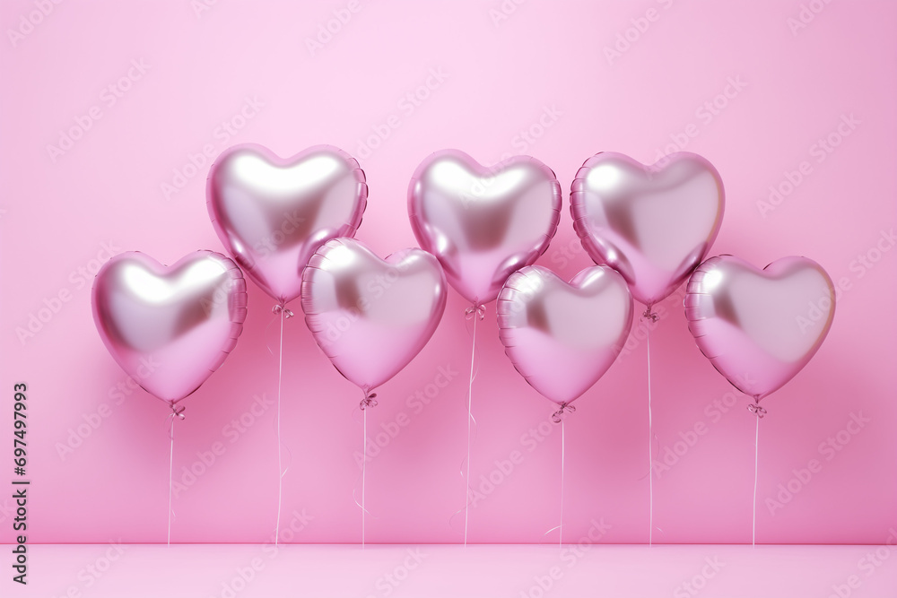 Pink heart-shaped helium balloons on a pink background, perfect for Valentine's Day or wedding decorations.