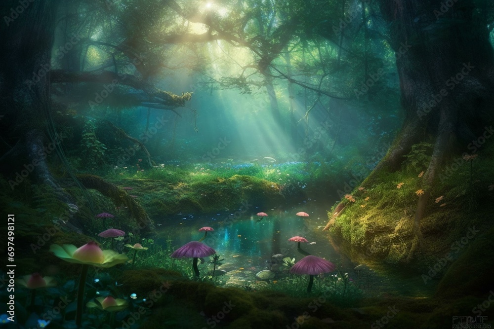 Mystical forest oasis where imagination blooms. Generative AI
