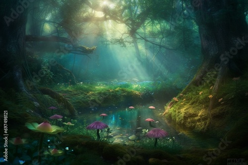 Mystical forest oasis where imagination blooms. Generative AI © Ebrahim