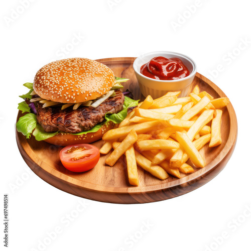 hamburger with french fries on wooden tray 