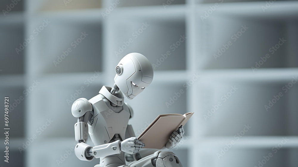 Naklejka premium Artificial intelligence android robot reading a book. Extremely closed-up humanoid cute little robot reading a book in a clean minimal background.