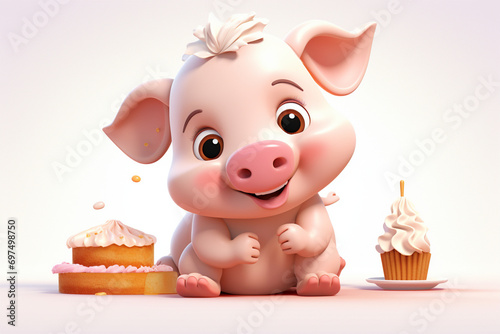Cute pig 3d character and a white background cake